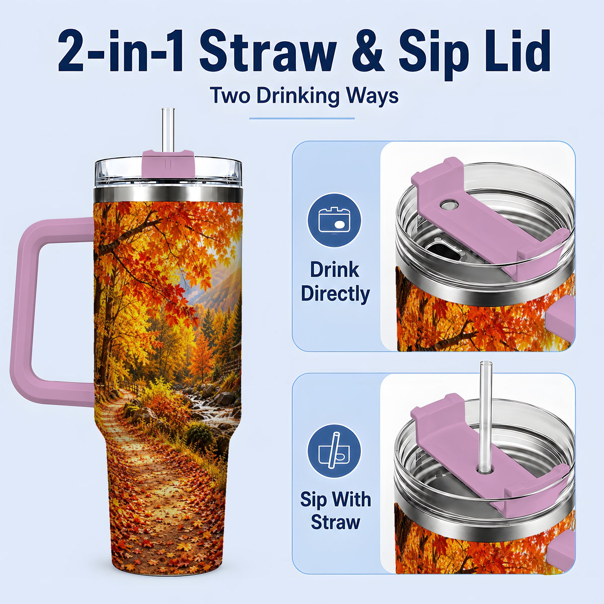#pl[40oz|Pink] Autumn Cabin 40oz Tumbler with Forest, Creek and Fall Leaf Artwork