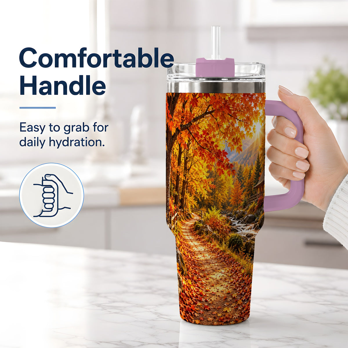 #pl[40oz|Pink] Autumn Cabin 40oz Tumbler with Forest, Creek and Fall Leaf Artwork