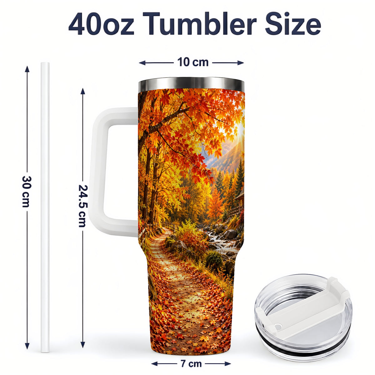 #pl[40oz|White] Autumn Cabin 40oz Tumbler with Forest, Creek and Fall Leaf Artwork