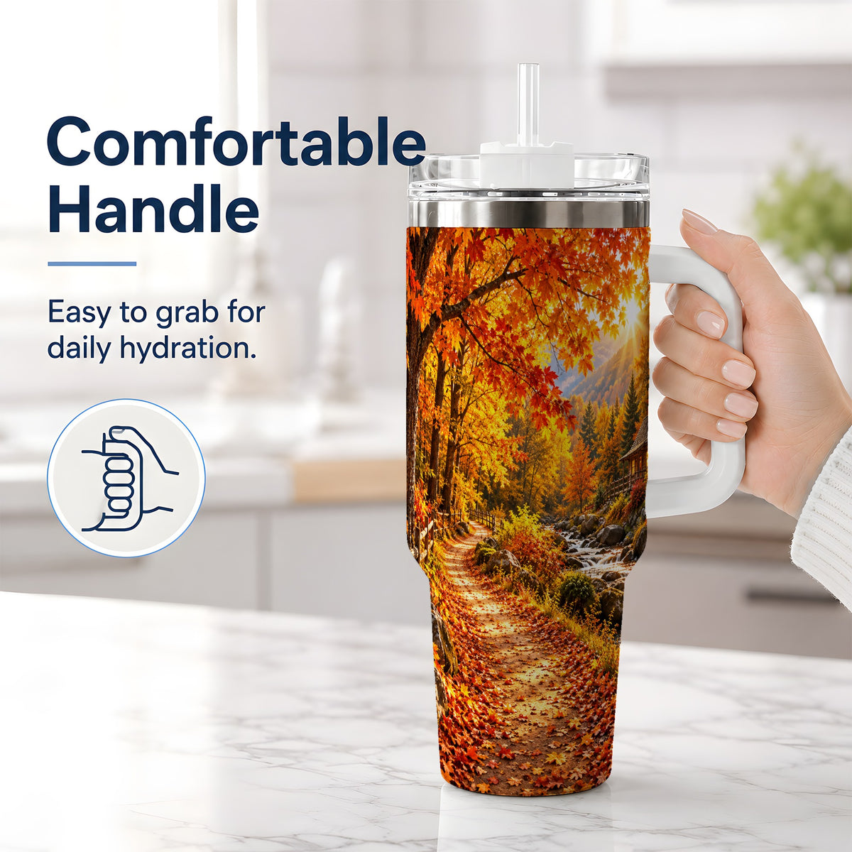 #pl[40oz|White] Autumn Cabin 40oz Tumbler with Forest, Creek and Fall Leaf Artwork
