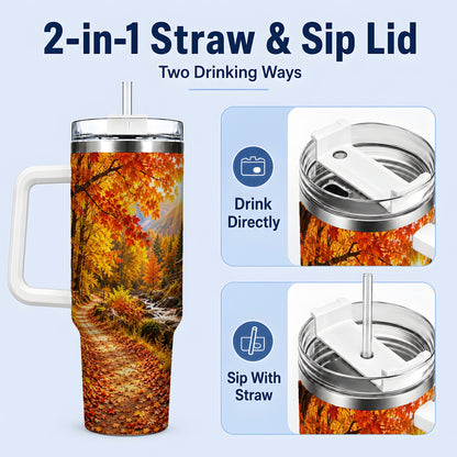#pl[40oz|White] Autumn Cabin 40oz Tumbler with Forest, Creek and Fall Leaf Artwork