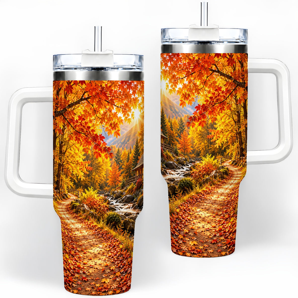 Autumn Cabin 40oz Tumbler with Forest, Creek and Fall Leaf Artwork