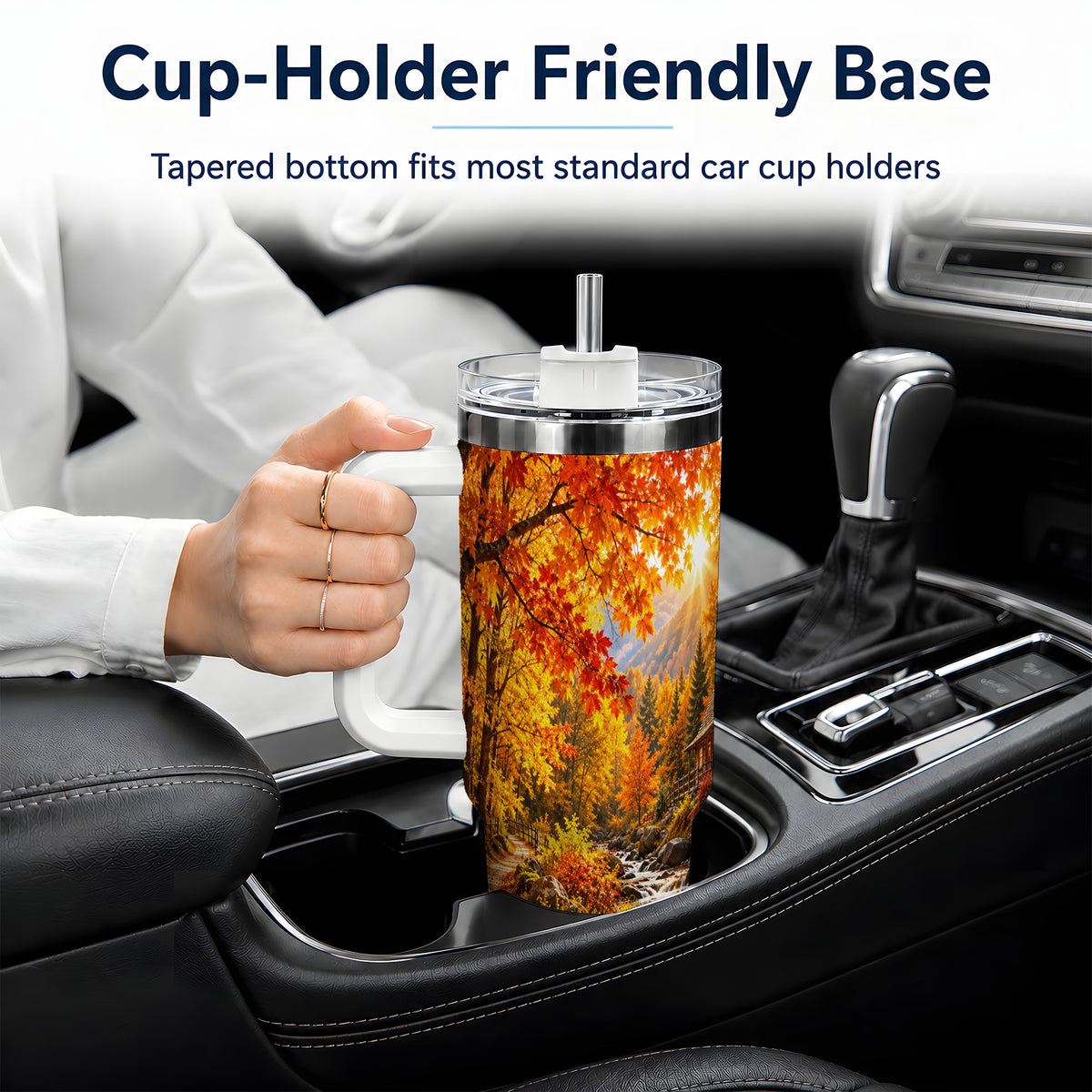 #pl[40oz|White] Autumn Cabin 40oz Tumbler with Forest, Creek and Fall Leaf Artwork