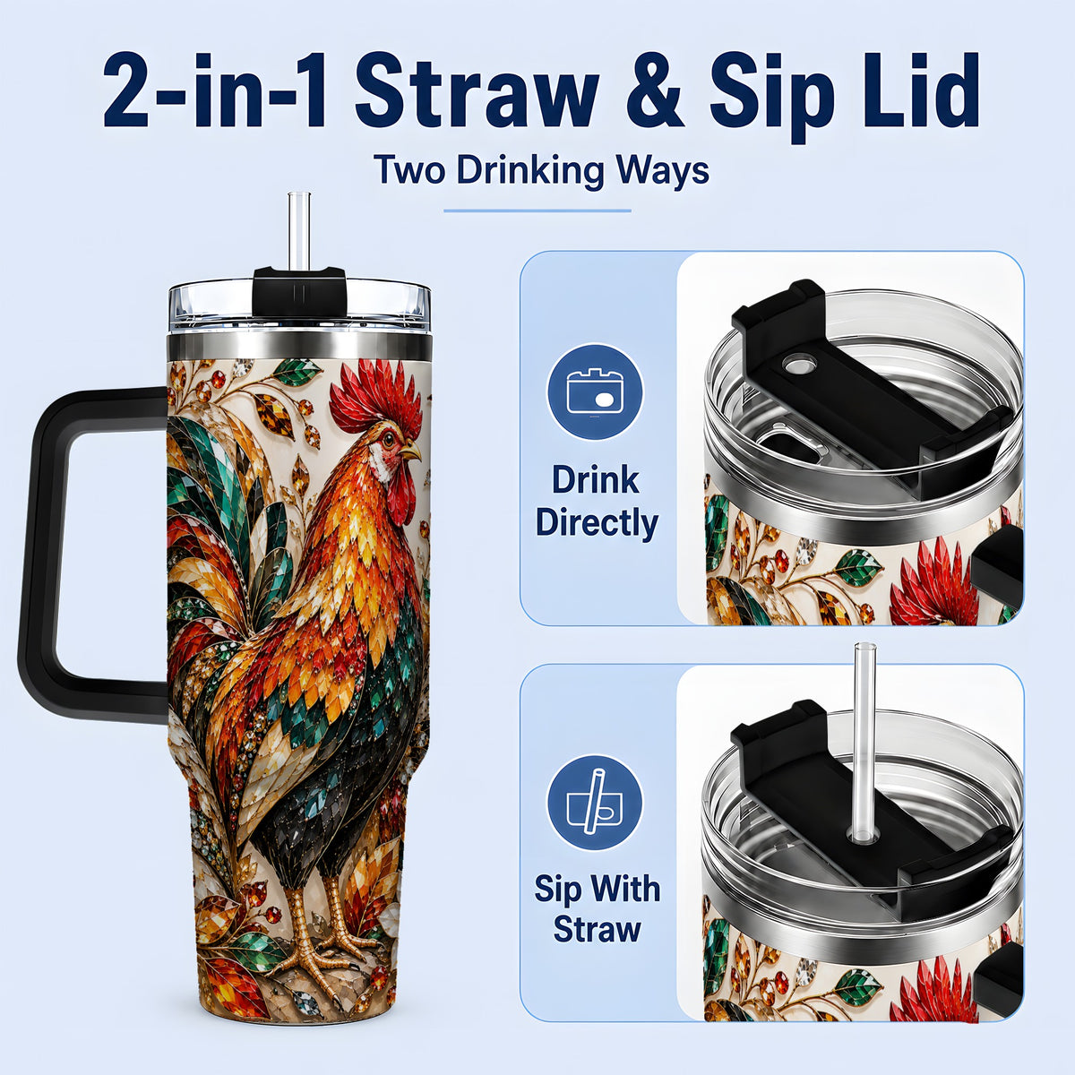 #pl[40oz|Black] Autumn Chicken 40oz Tumbler with Rooster and Gemstone Style Artwork