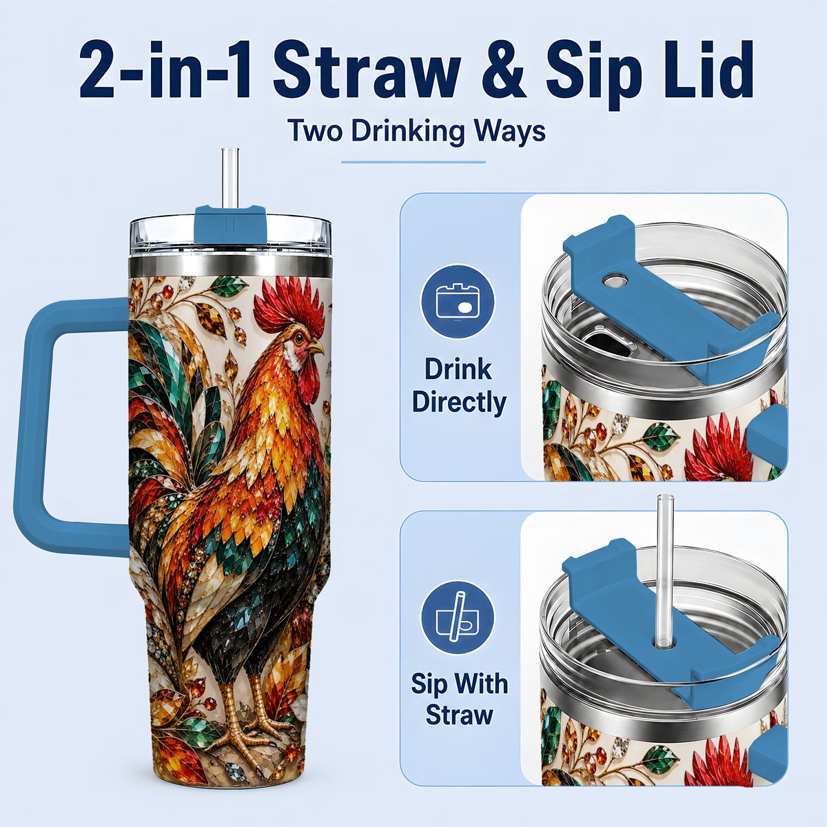 #pl[40oz|Blue] Autumn Chicken 40oz Tumbler with Rooster and Gemstone Style Artwork