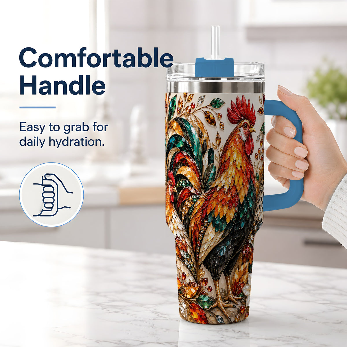 #pl[40oz|Blue] Autumn Chicken 40oz Tumbler with Rooster and Gemstone Style Artwork