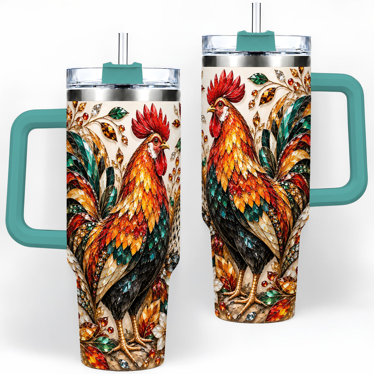 #pl[40oz|Green] Autumn Chicken 40oz Tumbler with Rooster and Gemstone Style Artwork