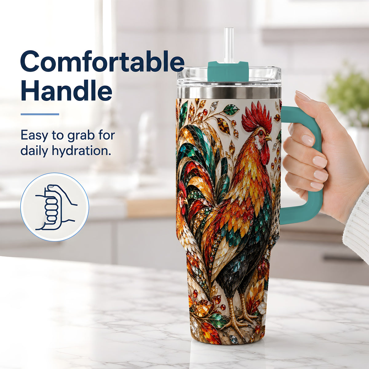 #pl[40oz|Green] Autumn Chicken 40oz Tumbler with Rooster and Gemstone Style Artwork