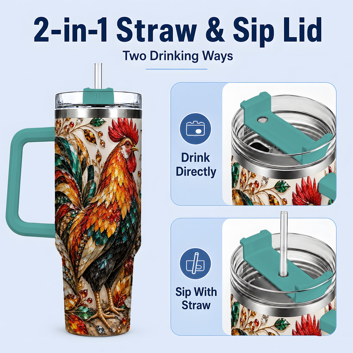 #pl[40oz|Green] Autumn Chicken 40oz Tumbler with Rooster and Gemstone Style Artwork