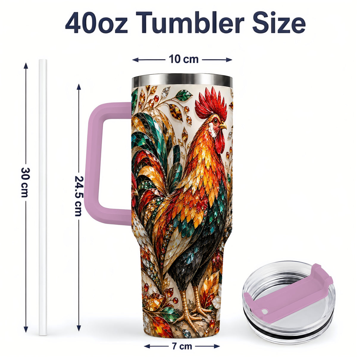 #pl[40oz|Pink] Autumn Chicken 40oz Tumbler with Rooster and Gemstone Style Artwork