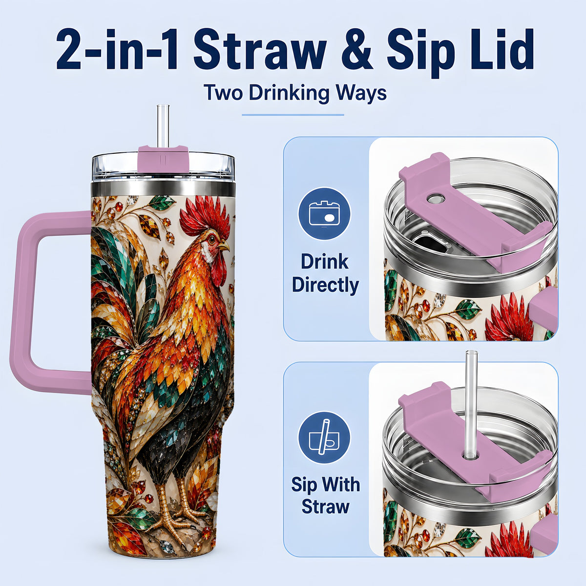 #pl[40oz|Pink] Autumn Chicken 40oz Tumbler with Rooster and Gemstone Style Artwork