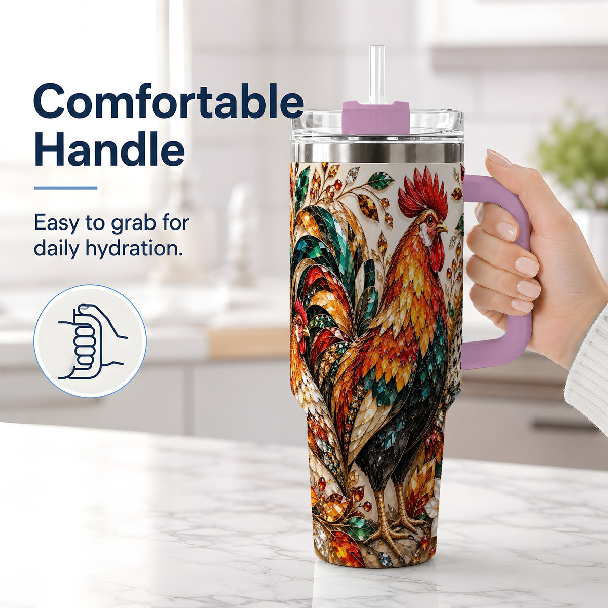 #pl[40oz|Pink] Autumn Chicken 40oz Tumbler with Rooster and Gemstone Style Artwork