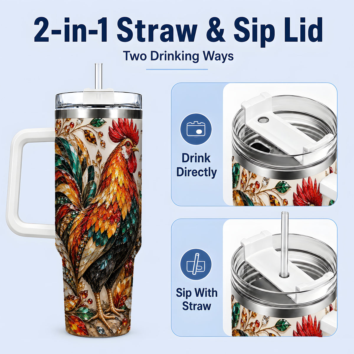 #pl[40oz|White] Autumn Chicken 40oz Tumbler with Rooster and Gemstone Style Artwork