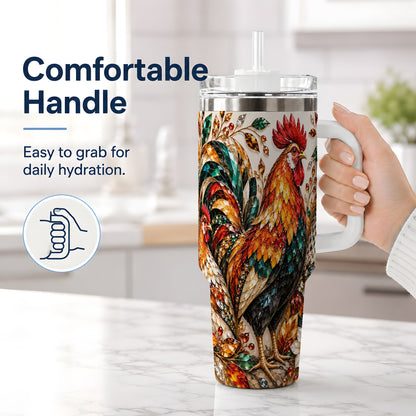 #pl[40oz|White] Autumn Chicken 40oz Tumbler with Rooster and Gemstone Style Artwork