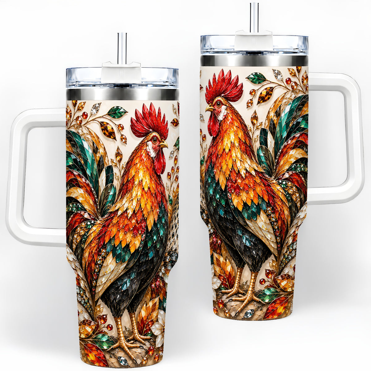 Autumn Chicken 40oz Tumbler with Rooster and Gemstone Style Artwork