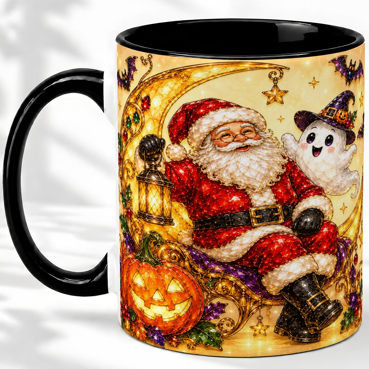 #pl[11oz|Black] Halloween Santa Ceramic Mug with Ghost, Pumpkin and Bat Artwork