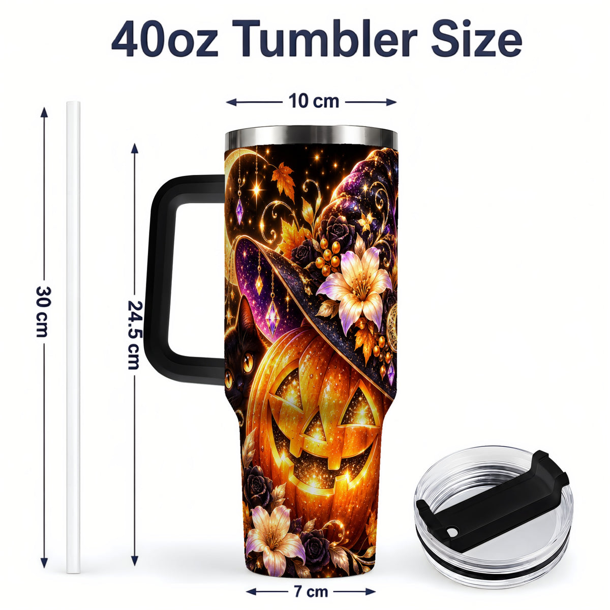 #pl[40oz|Black] Halloween Cat 40oz Tumbler with Pumpkin, Witch Hat and Moon Artwork