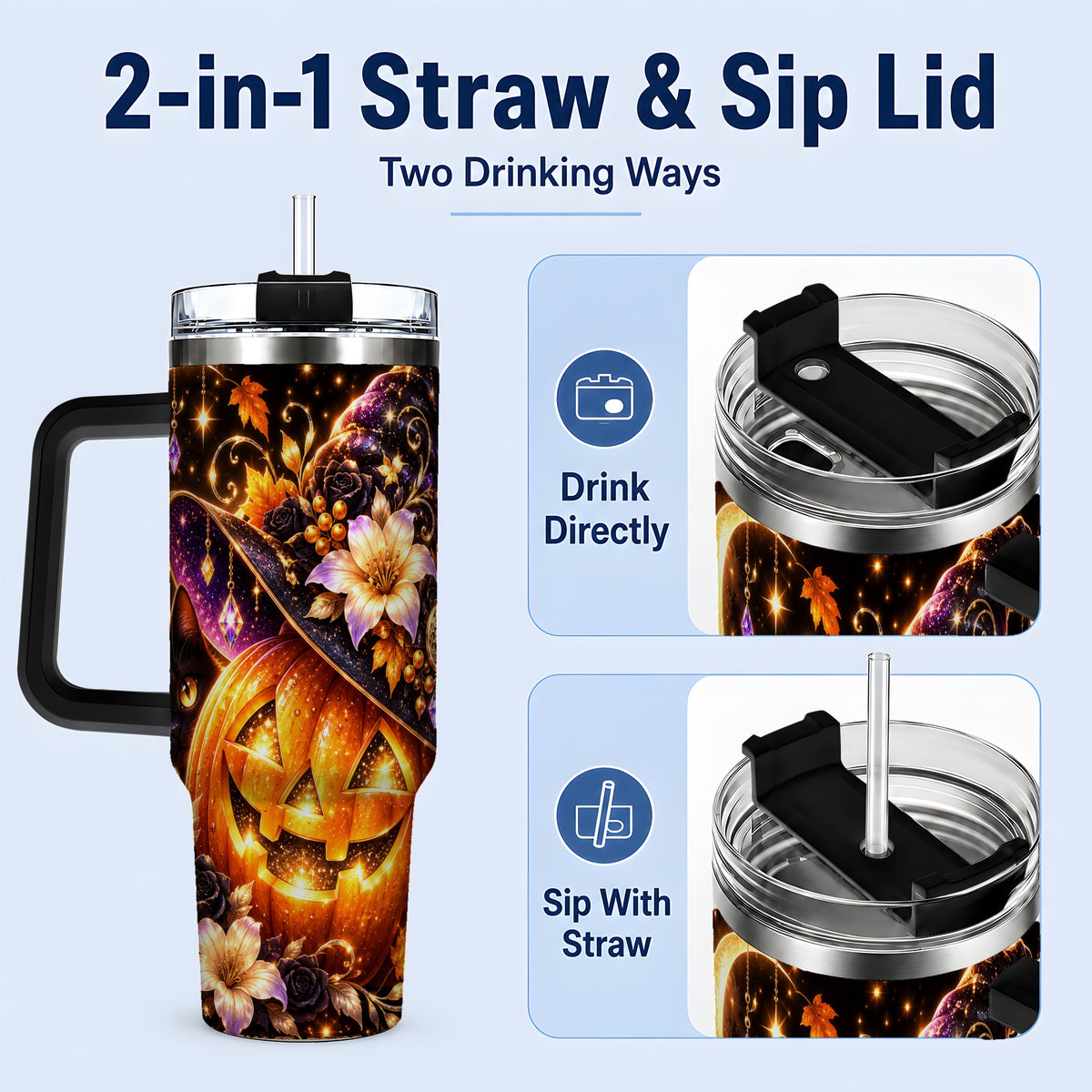 #pl[40oz|Black] Halloween Cat 40oz Tumbler with Pumpkin, Witch Hat and Moon Artwork
