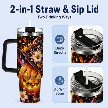 #pl[40oz|Black] Halloween Cat 40oz Tumbler with Pumpkin, Witch Hat and Moon Artwork