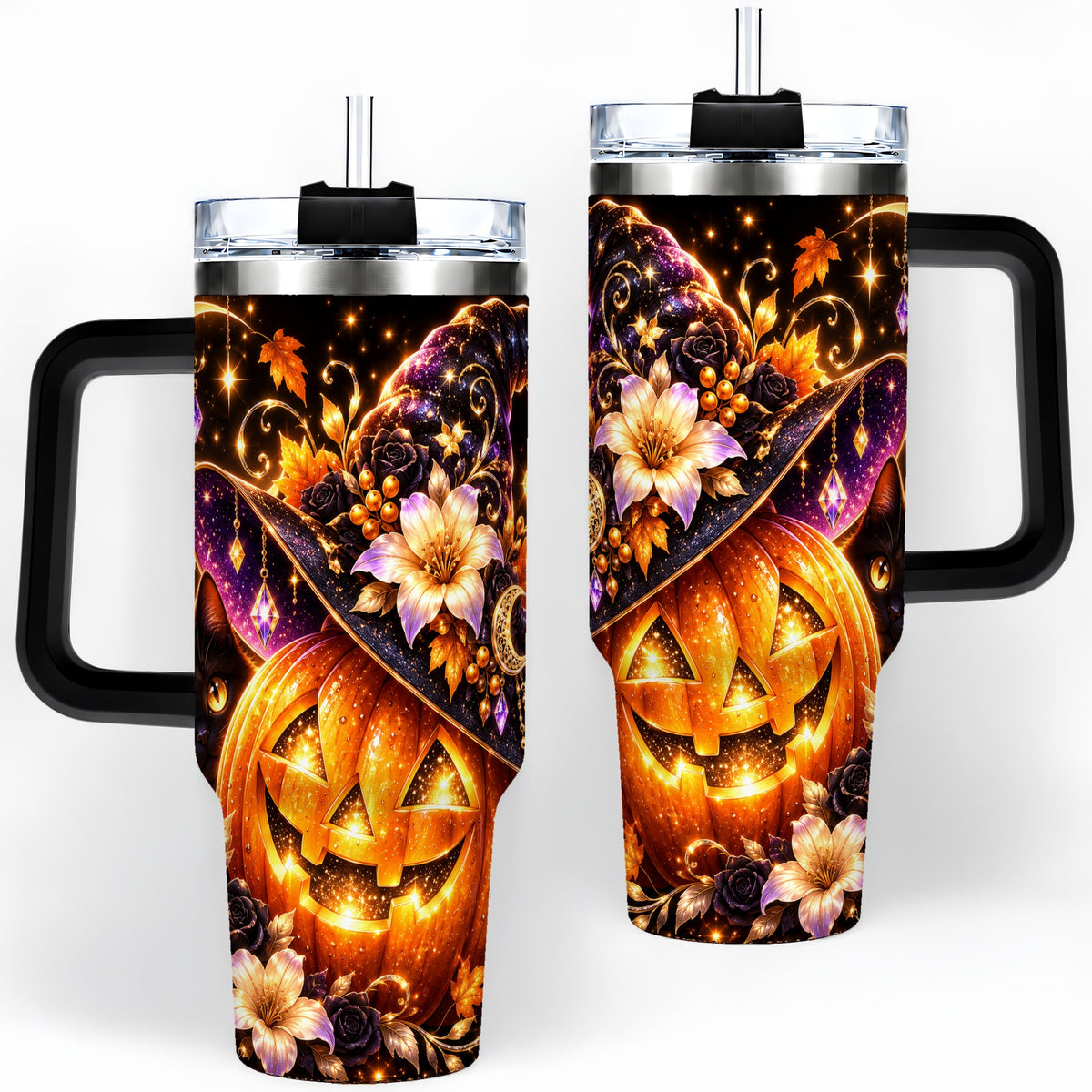 #pl[40oz|Black] Halloween Cat 40oz Tumbler with Pumpkin, Witch Hat and Moon Artwork