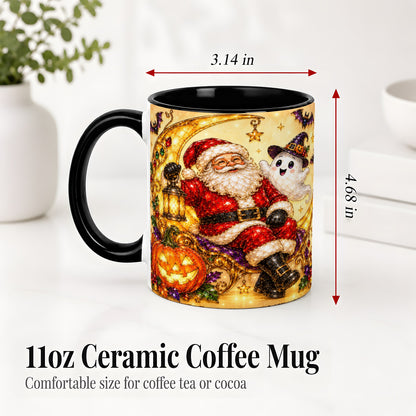 #pl[11oz|Black] Halloween Santa Ceramic Mug with Ghost, Pumpkin and Bat Artwork