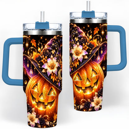 #pl[40oz|Blue] Halloween Cat 40oz Tumbler with Pumpkin, Witch Hat and Moon Artwork