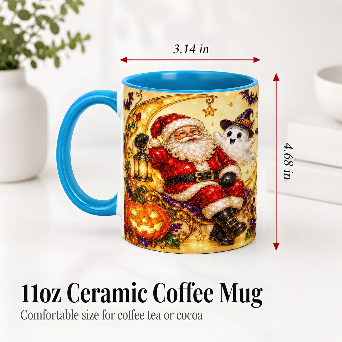 #pl[11oz|Blue] Halloween Santa Ceramic Mug with Ghost, Pumpkin and Bat Artwork