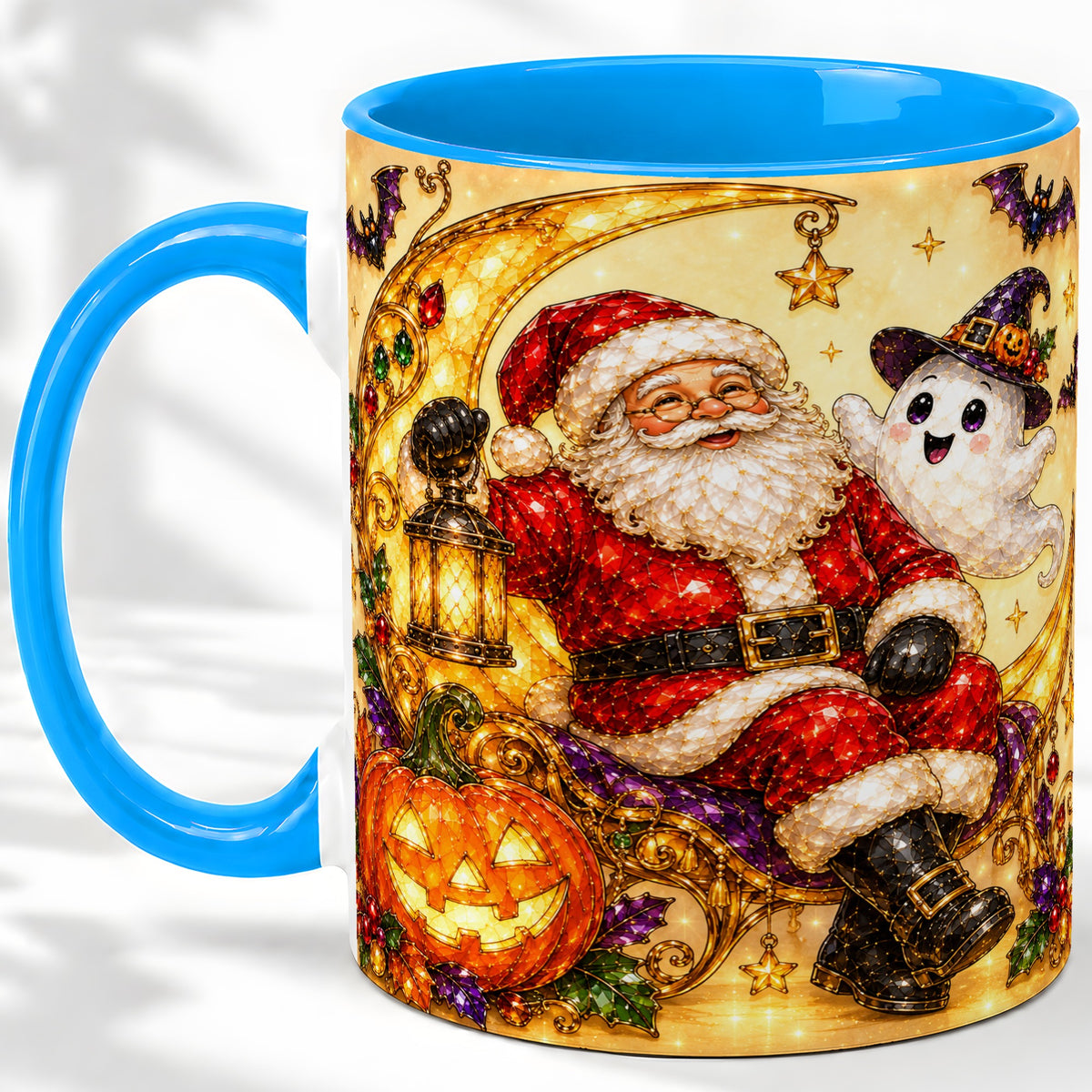 #pl[11oz|Blue] Halloween Santa Ceramic Mug with Ghost, Pumpkin and Bat Artwork