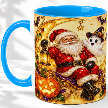 #pl[11oz|Blue] Halloween Santa Ceramic Mug with Ghost, Pumpkin and Bat Artwork