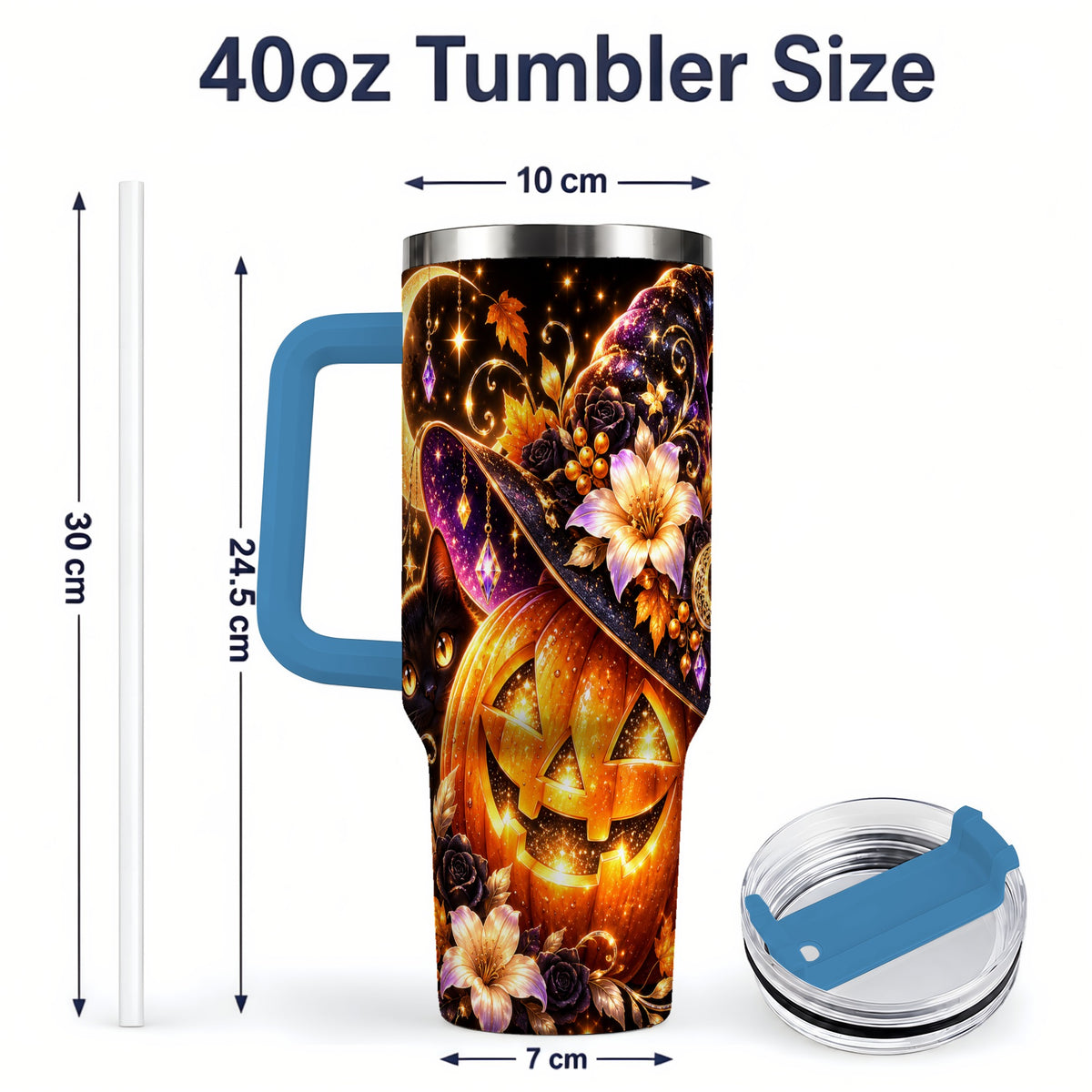 #pl[40oz|Blue] Halloween Cat 40oz Tumbler with Pumpkin, Witch Hat and Moon Artwork