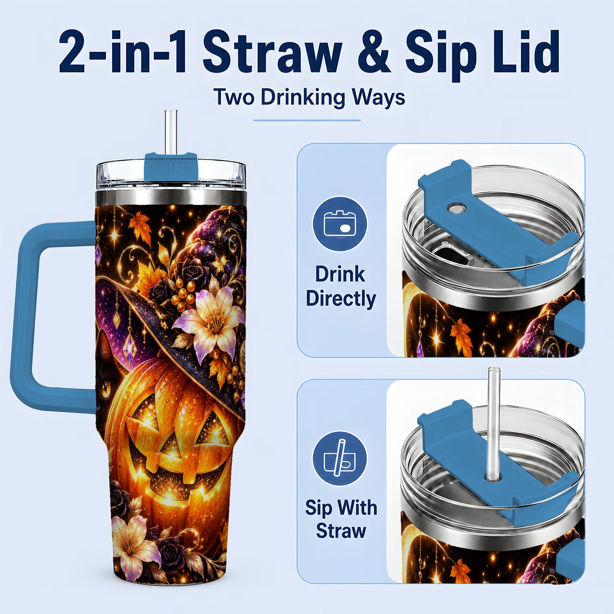 #pl[40oz|Blue] Halloween Cat 40oz Tumbler with Pumpkin, Witch Hat and Moon Artwork