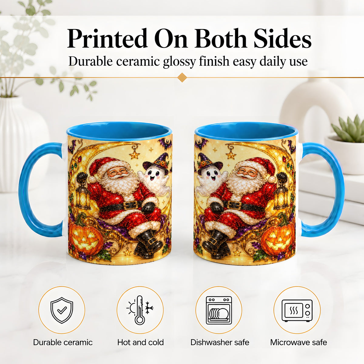 #pl[11oz|Blue] Halloween Santa Ceramic Mug with Ghost, Pumpkin and Bat Artwork
