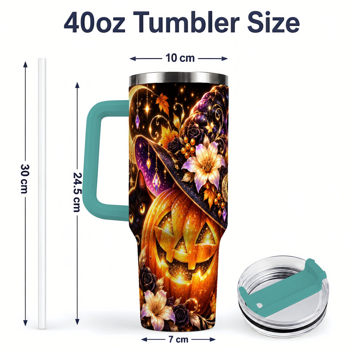 #pl[40oz|Green] Halloween Cat 40oz Tumbler with Pumpkin, Witch Hat and Moon Artwork