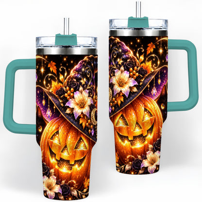 #pl[40oz|Green] Halloween Cat 40oz Tumbler with Pumpkin, Witch Hat and Moon Artwork