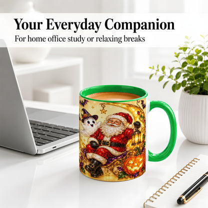 #pl[11oz|Green] Halloween Santa Ceramic Mug with Ghost, Pumpkin and Bat Artwork