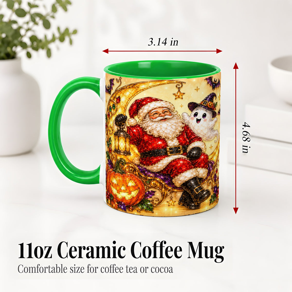 #pl[11oz|Green] Halloween Santa Ceramic Mug with Ghost, Pumpkin and Bat Artwork