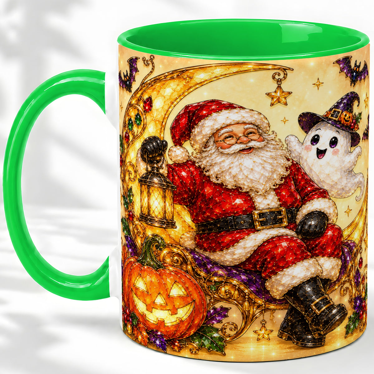 #pl[11oz|Green] Halloween Santa Ceramic Mug with Ghost, Pumpkin and Bat Artwork