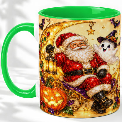 #pl[11oz|Green] Halloween Santa Ceramic Mug with Ghost, Pumpkin and Bat Artwork