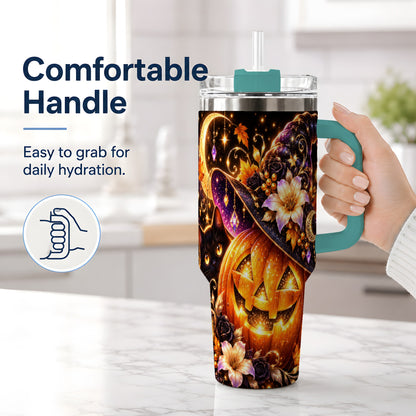 #pl[40oz|Green] Halloween Cat 40oz Tumbler with Pumpkin, Witch Hat and Moon Artwork