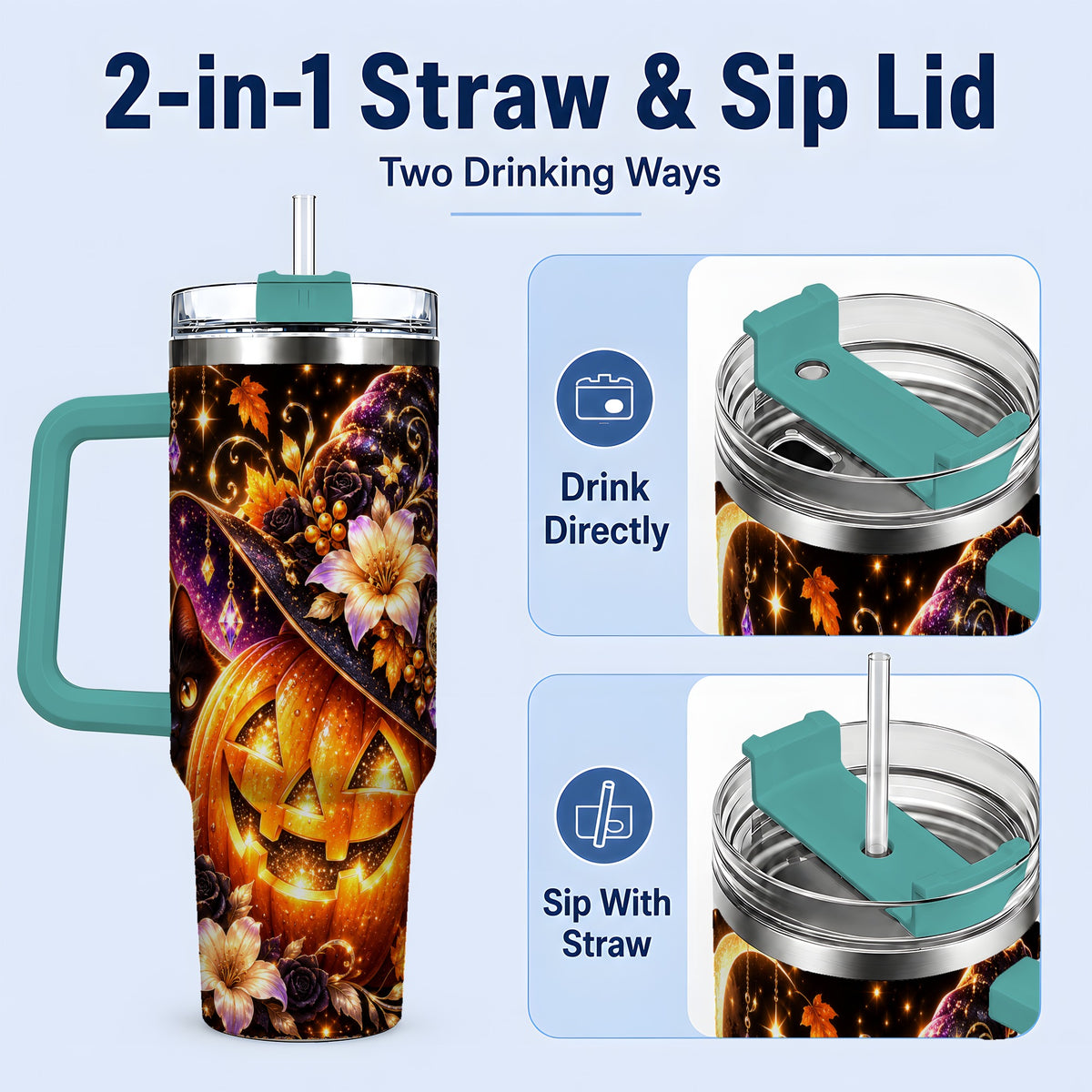 #pl[40oz|Green] Halloween Cat 40oz Tumbler with Pumpkin, Witch Hat and Moon Artwork