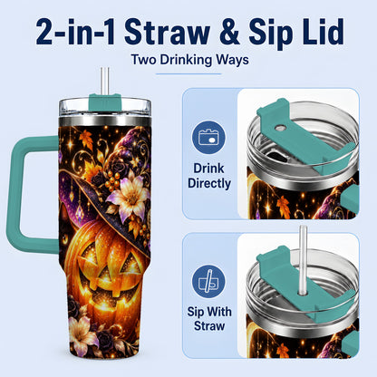 #pl[40oz|Green] Halloween Cat 40oz Tumbler with Pumpkin, Witch Hat and Moon Artwork