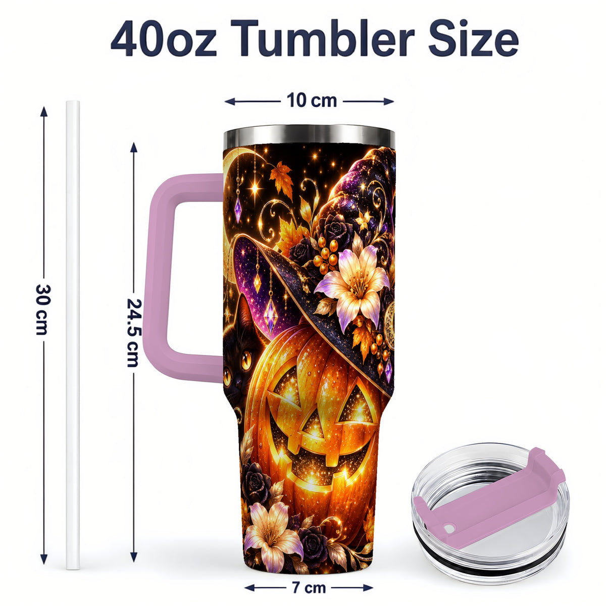 #pl[40oz|Pink] Halloween Cat 40oz Tumbler with Pumpkin, Witch Hat and Moon Artwork