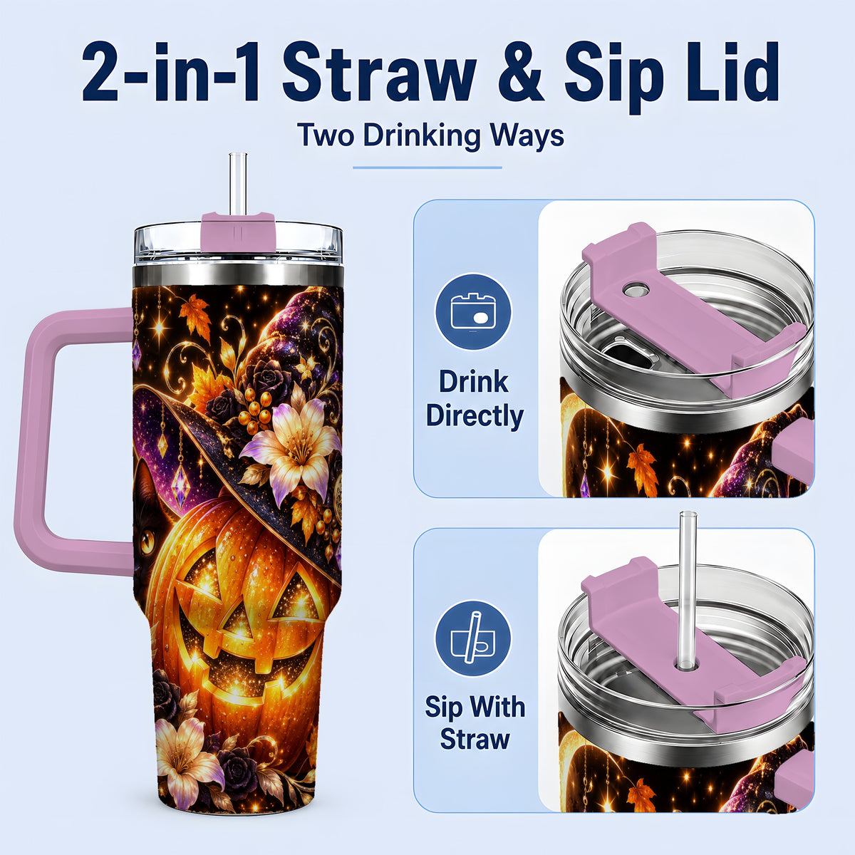 #pl[40oz|Pink] Halloween Cat 40oz Tumbler with Pumpkin, Witch Hat and Moon Artwork