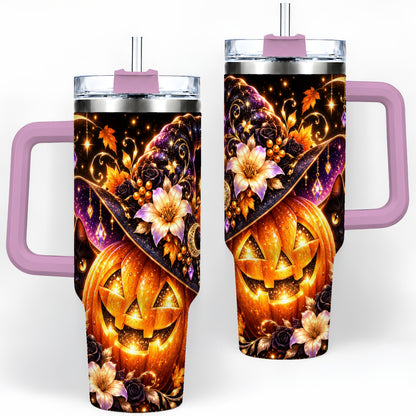 #pl[40oz|Pink] Halloween Cat 40oz Tumbler with Pumpkin, Witch Hat and Moon Artwork