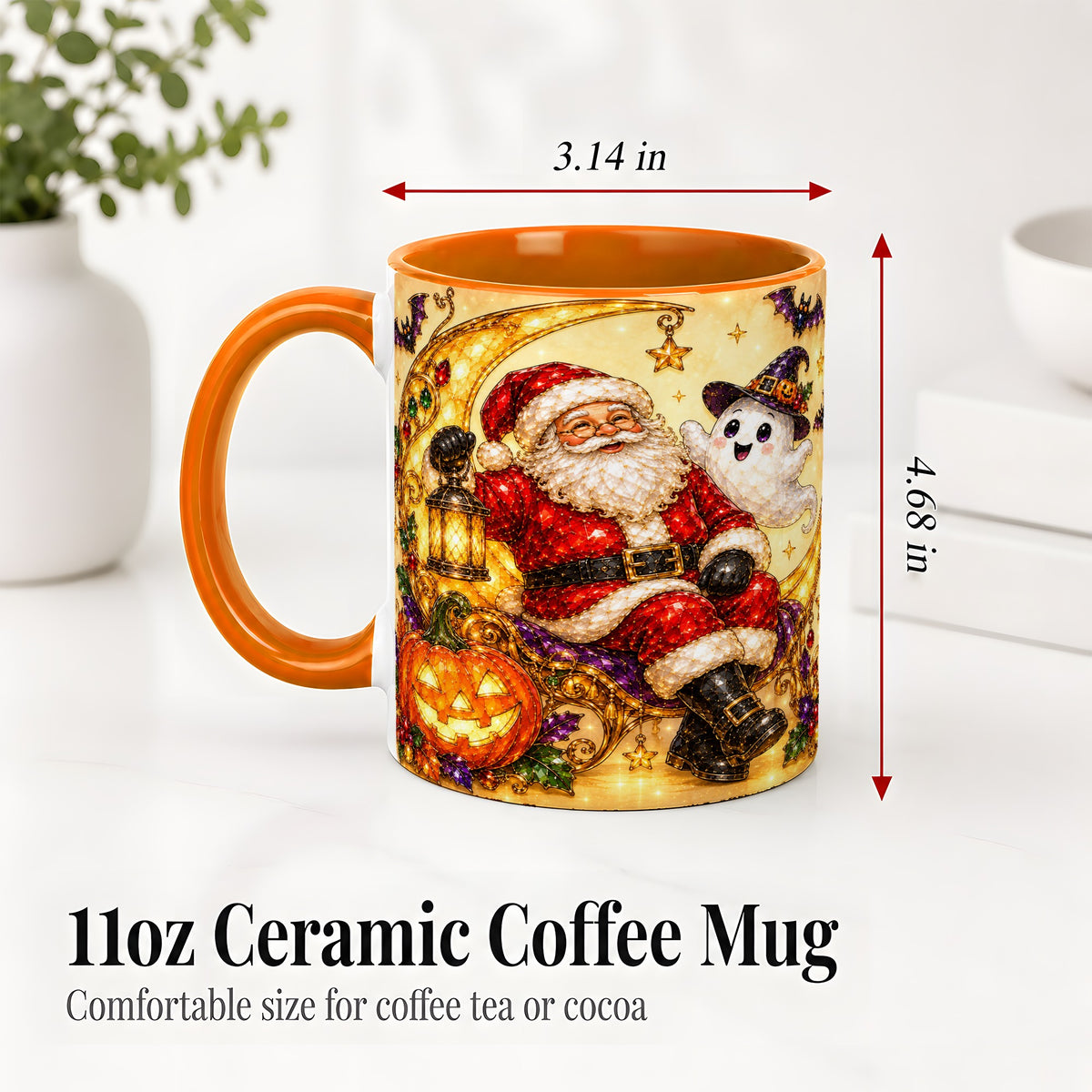 #pl[11oz|Orange] Halloween Santa Ceramic Mug with Ghost, Pumpkin and Bat Artwork