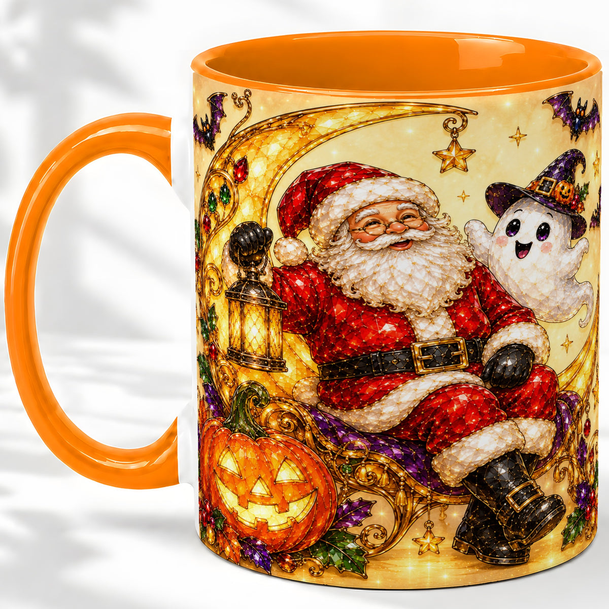 #pl[11oz|Orange] Halloween Santa Ceramic Mug with Ghost, Pumpkin and Bat Artwork