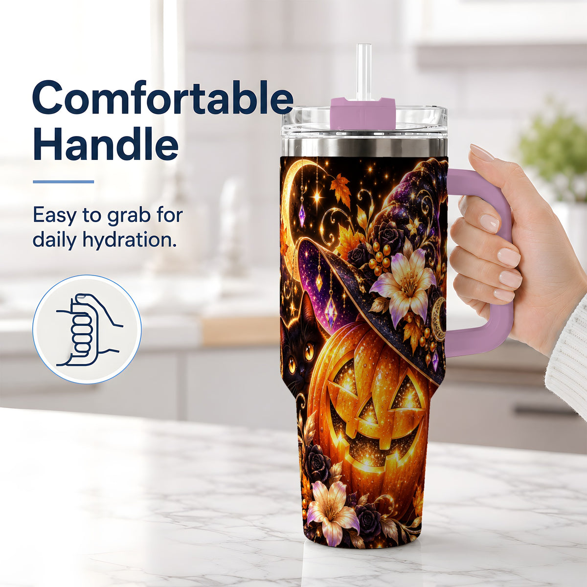 #pl[40oz|Pink] Halloween Cat 40oz Tumbler with Pumpkin, Witch Hat and Moon Artwork