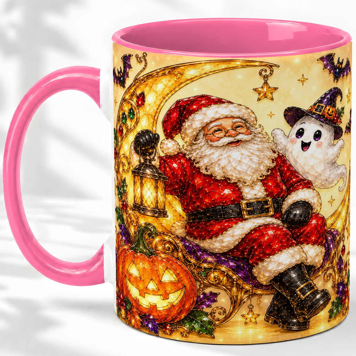 #pl[11oz|Pink] Halloween Santa Ceramic Mug with Ghost, Pumpkin and Bat Artwork