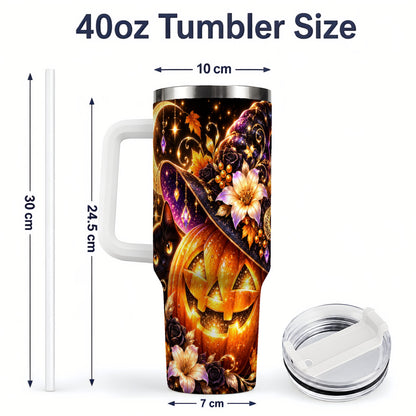 #pl[40oz|White] Halloween Cat 40oz Tumbler with Pumpkin, Witch Hat and Moon Artwork