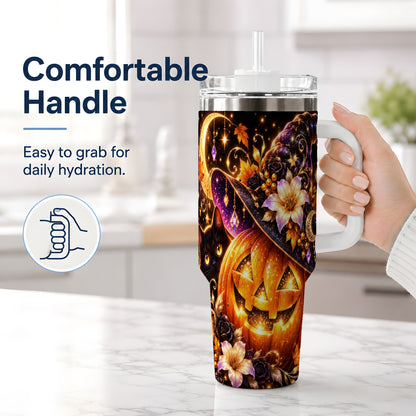 #pl[40oz|White] Halloween Cat 40oz Tumbler with Pumpkin, Witch Hat and Moon Artwork